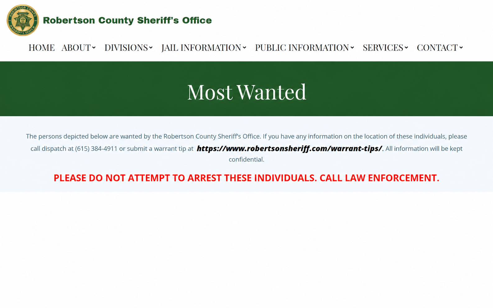 Robertson County arrest warrant Most Wanted interface and safety warning