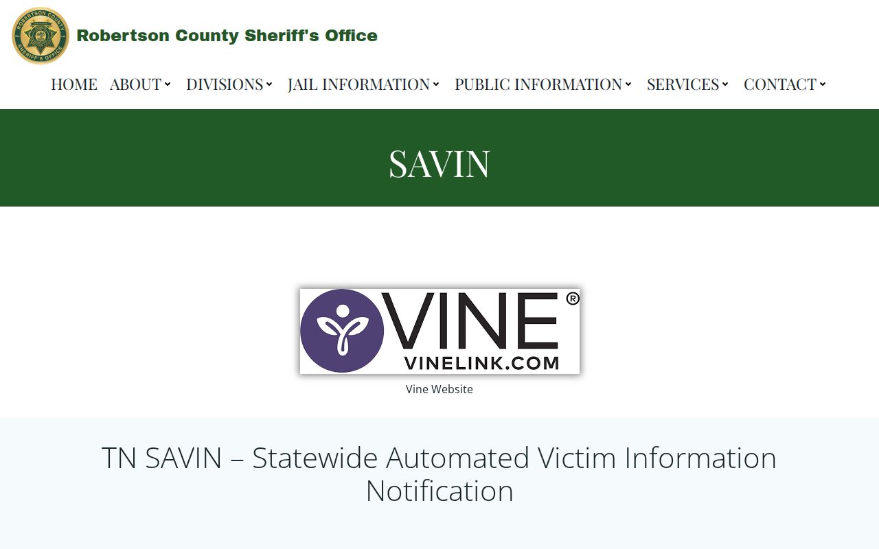 Robertson County arrest custody alerts through TN SAVIN and VINE