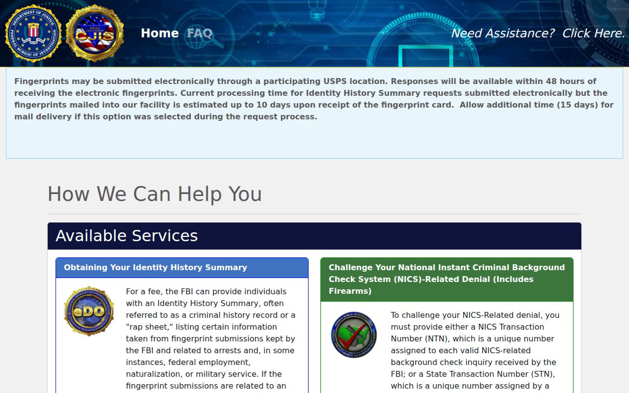 Robertson County criminal history FBI self-check portal