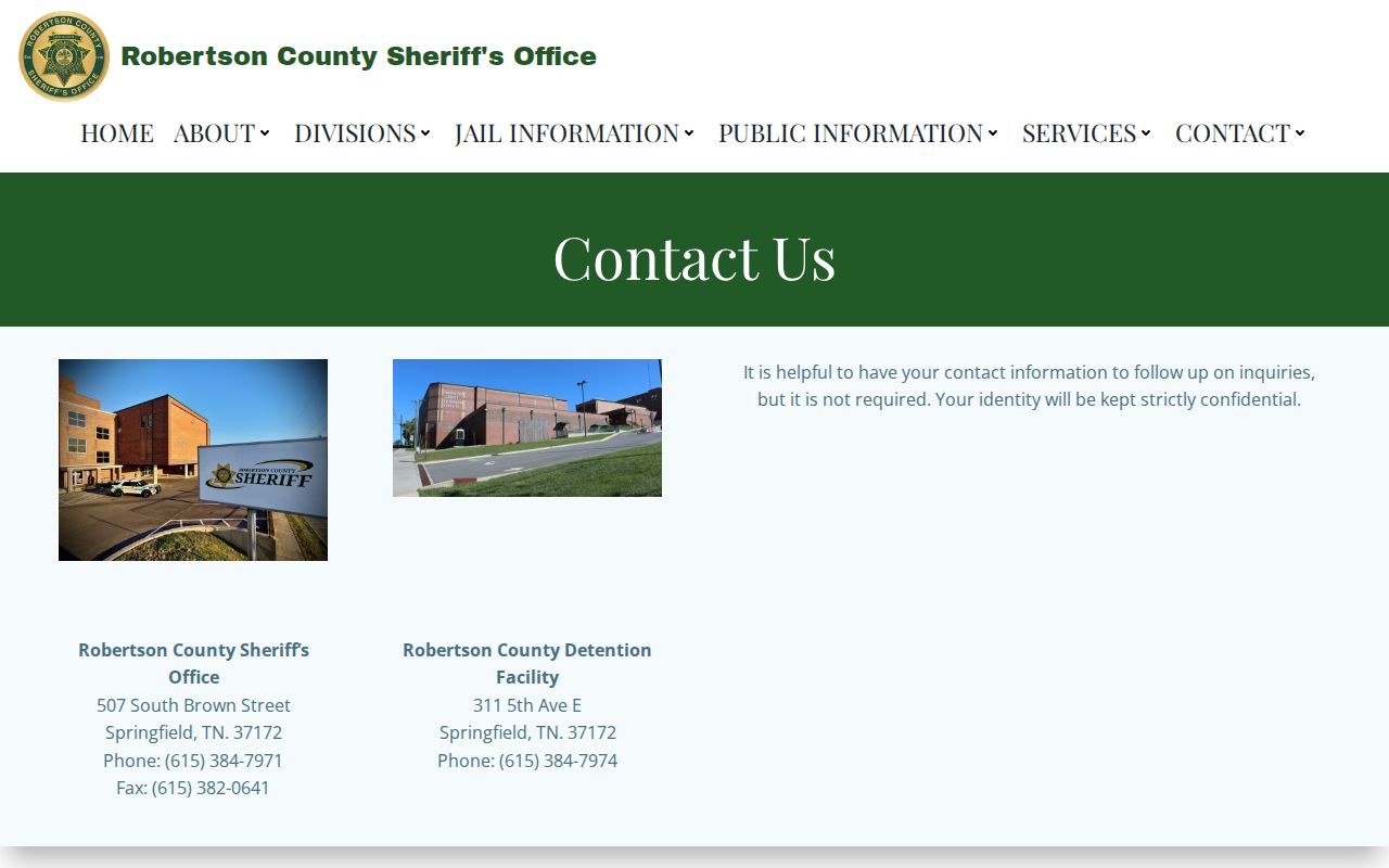 Robertson County criminal records sheriff and jail contacts